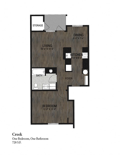 Floor plan for 1 bed, 1 bath, 728 sqft
